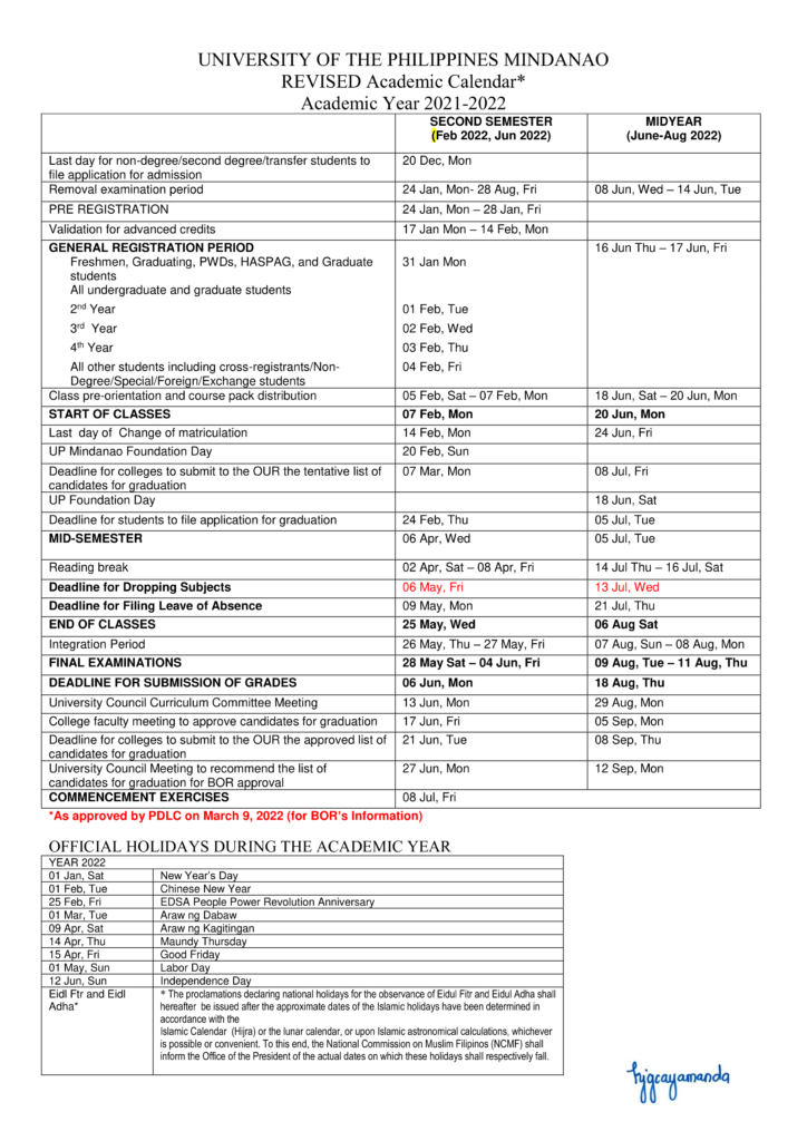 Revised Academic Calendar 2021-2022